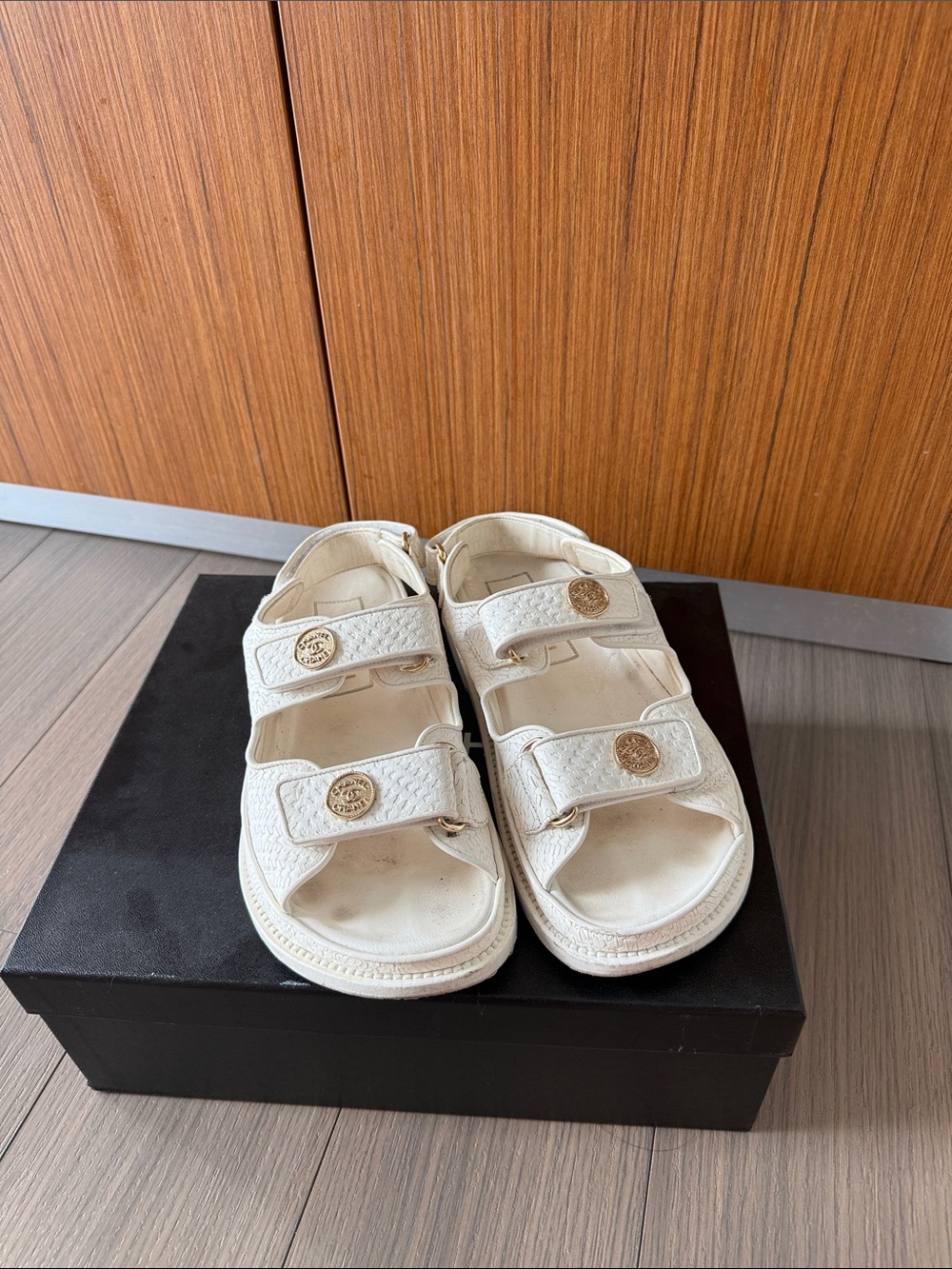 CHANEL White Dad Sandals with Gold-Tone Medallions Size 36